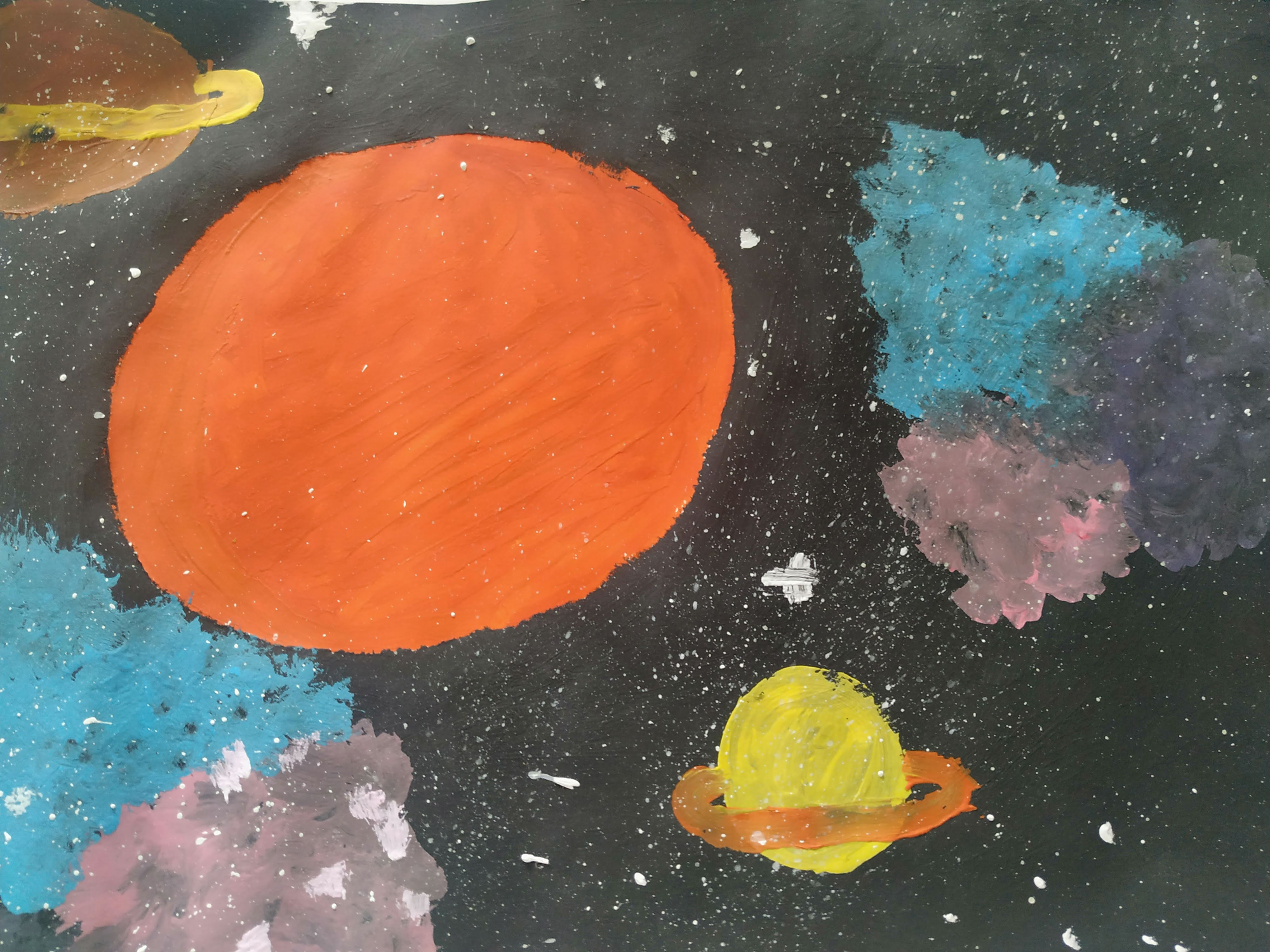 Children's space art: Solar System featuring several planets with rings, stars, and astronomical elements.