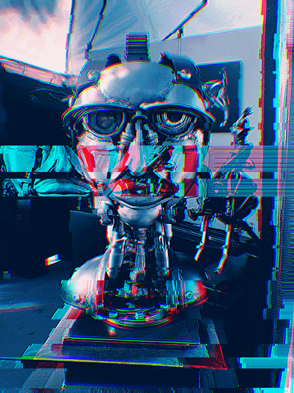  Frontal view of android-inspired bust titled "Rockwell." Glitch aesthetic.