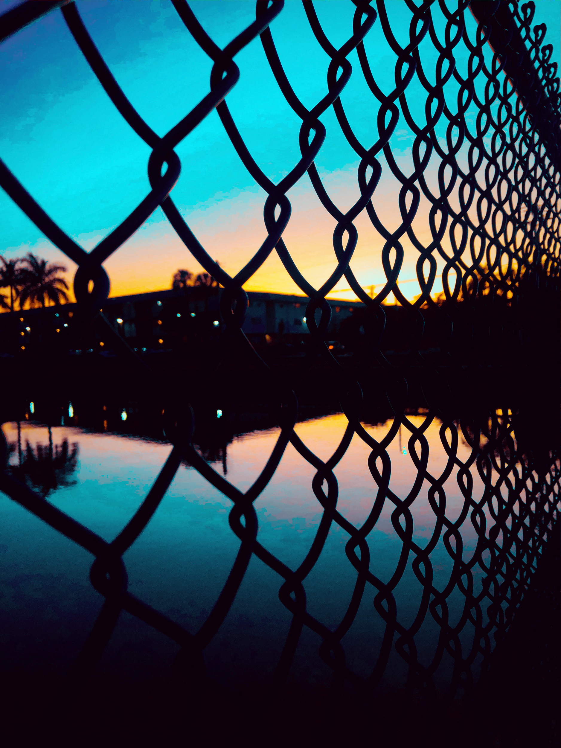 Barbed-wire fence overlooking a lake and an apartment complex at sunset. 
