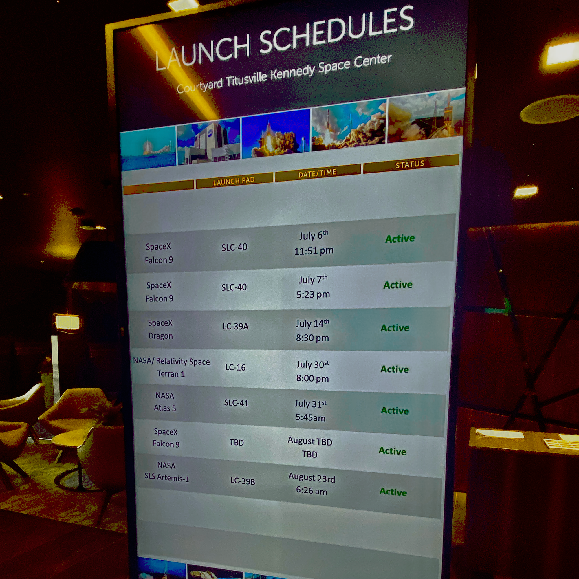 A snapshot of the launch frequency displayed in the Courtyard Titusville Kennedy Space Center hotel lobby. July 2022.