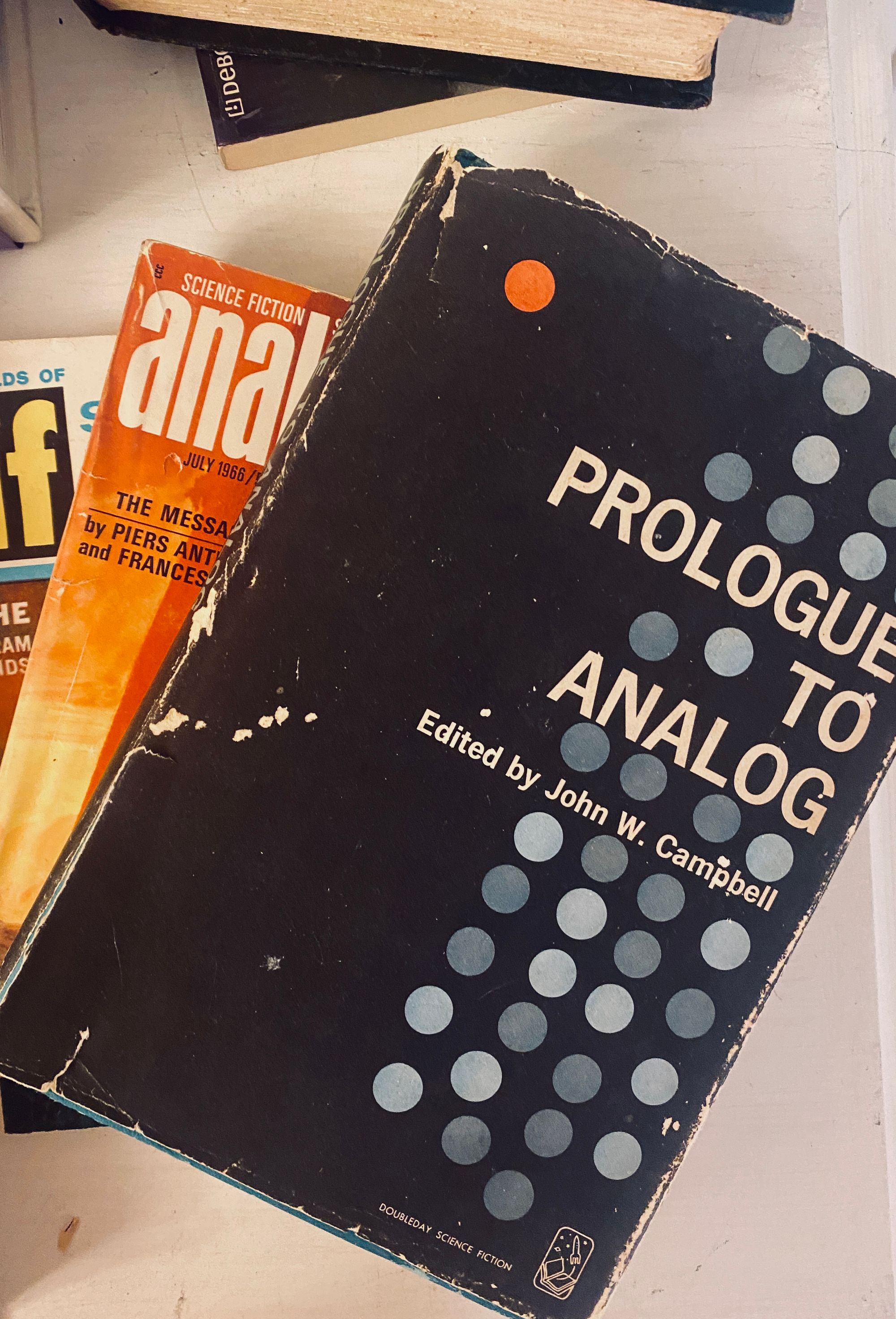 Science fiction books and magazines including Analog and Prologue to Analog. 