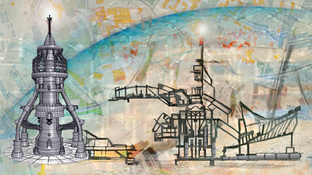 Illustration of space infrastructure, including launching pads, rocket launchers, and abstract decorative elements.